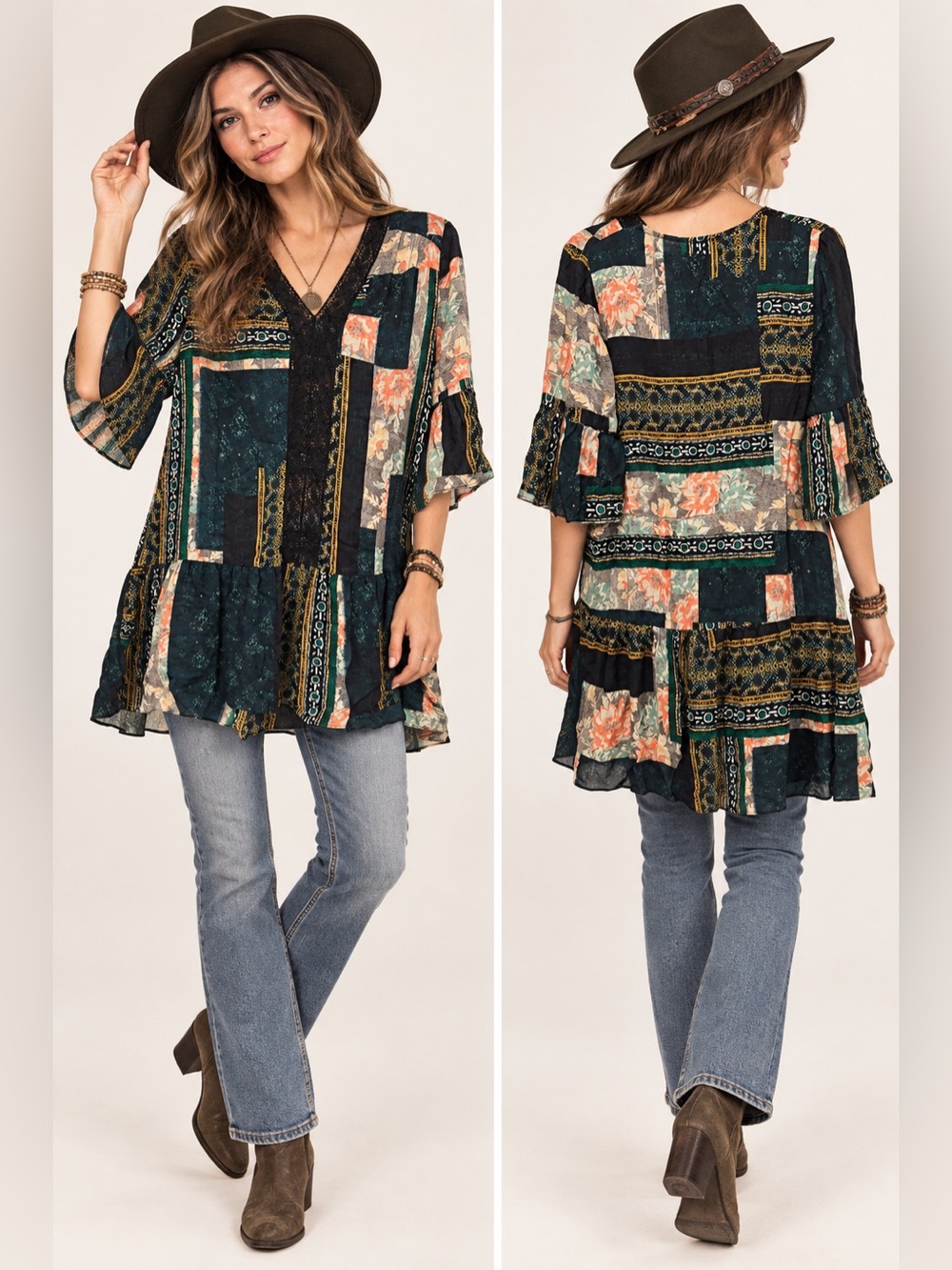 Maeve Teal Multi patchwork Boho Print V-Neck Tunic with Black Lace Trim XS